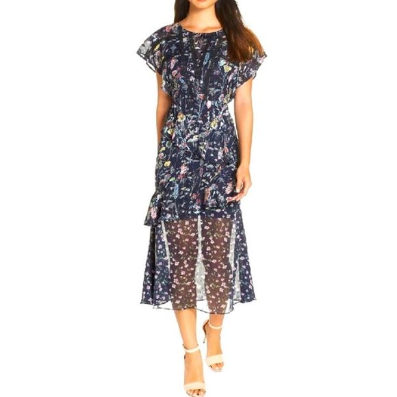 Anthropologie Dresses & Skirts - Anthropologie Foxiedox “Carolina” Navy Blue Floral Layered Semi-Sheer Midi (2)